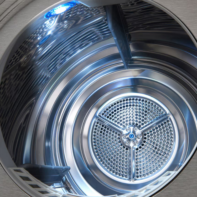 Interior de máquina de secar roupa LG, 9kg, inox, com cesto de metal perfurado.