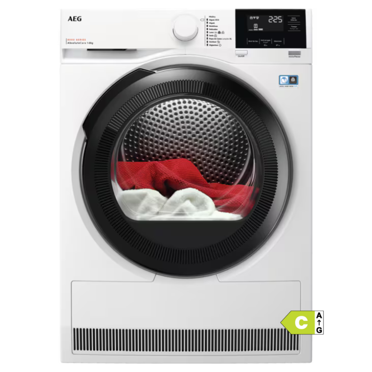 AEG white dryer with black door and control panel, 8kg capacity, energy class C.