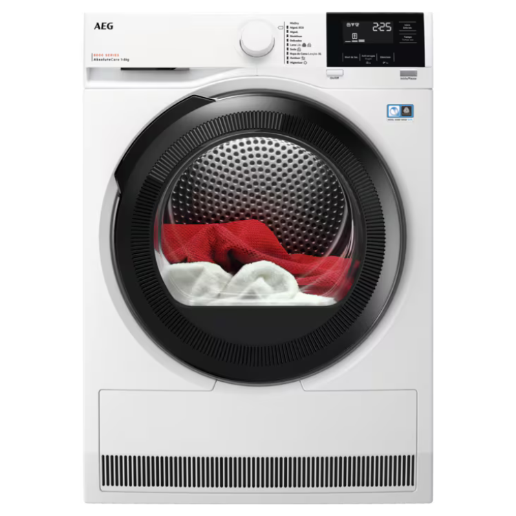 AEG white dryer with black door and digital display, 8kg capacity, red and white clothes inside.