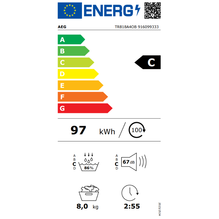 AEG energy label, C rated, 97 kWh/100 cycles, 8kg capacity.