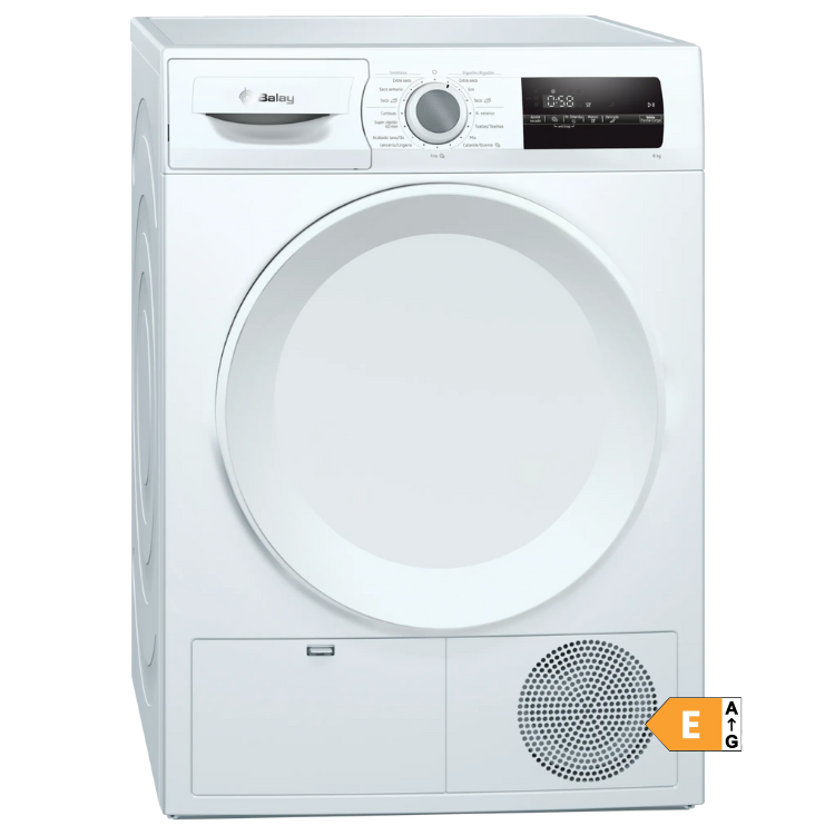 Balay 8Kg Class E white clothes dryer with digital display and front loader.