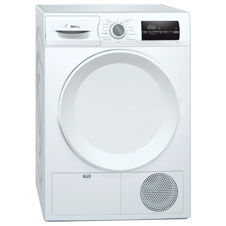White Balay 8Kg Class E clothes dryer with digital display and round door.
