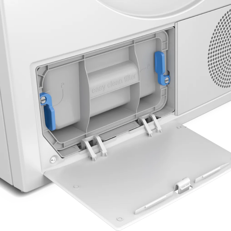 Balay white clothes dryer filter compartment open, 8kg capacity, easy clean filter.
