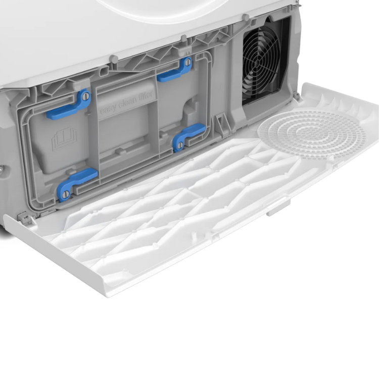 Máquina de secar roupa Bosch Serie 6 WQG24200ES, vista interna com gaveta de filtro EasyClean e ventilador.