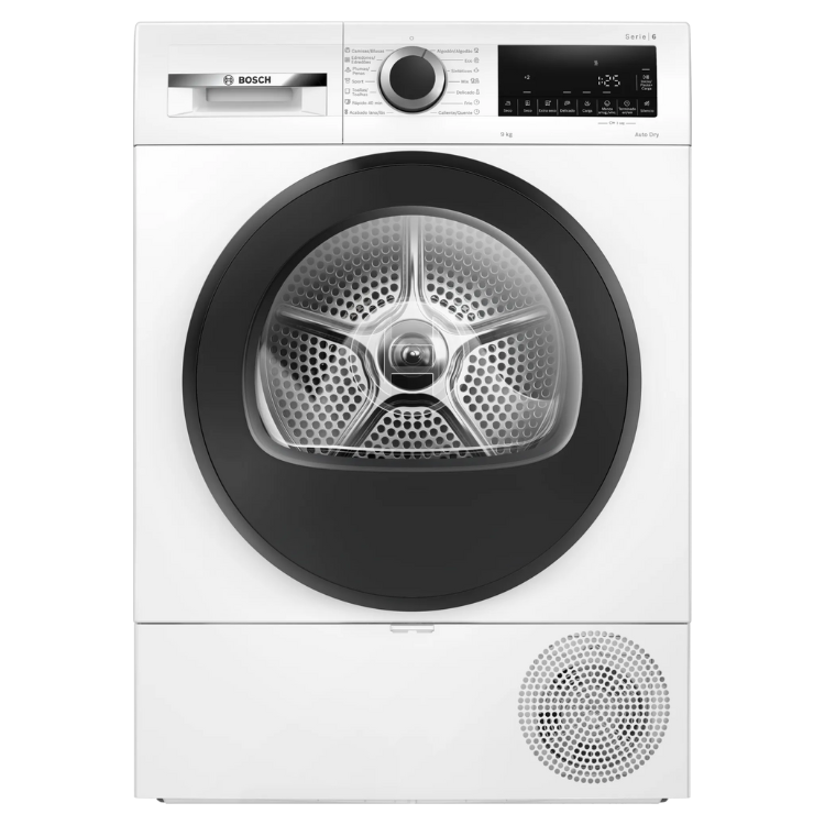 Máquina de secar roupa Bosch Serie 6 WQG24200ES, 9Kg, Classe D, branca, com painel de controlo digital e porta grande.