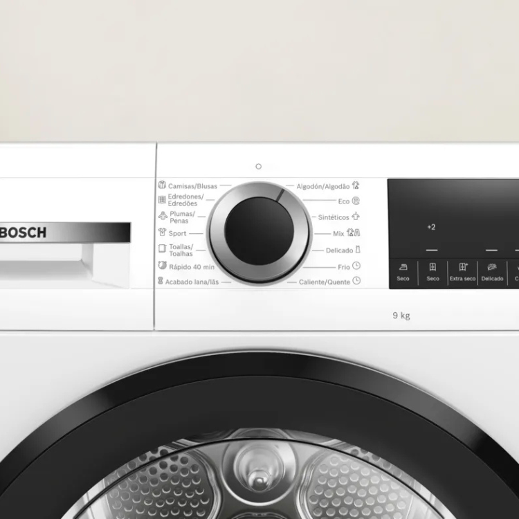 Máquina de secar roupa Bosch Serie 6 WQG24200ES, 9Kg, Classe D, branca, painel de controlo com seletor rotativo e visor digital.