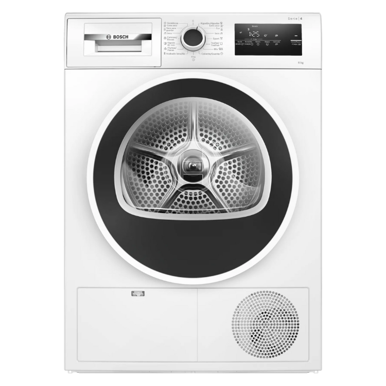 White Bosch Serie 4 heat pump dryer, 8kg, A class, front view.