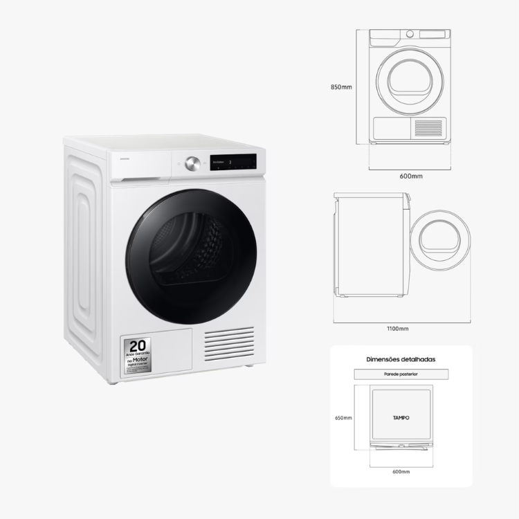 Máquina de Secar Roupa Samsung DV90DB7845GWU3 9Kg Classe A Branco