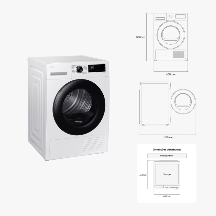 Máquina de Secar Roupa Samsung DV90DG52A0AEEC 9Kg Classe C Branco