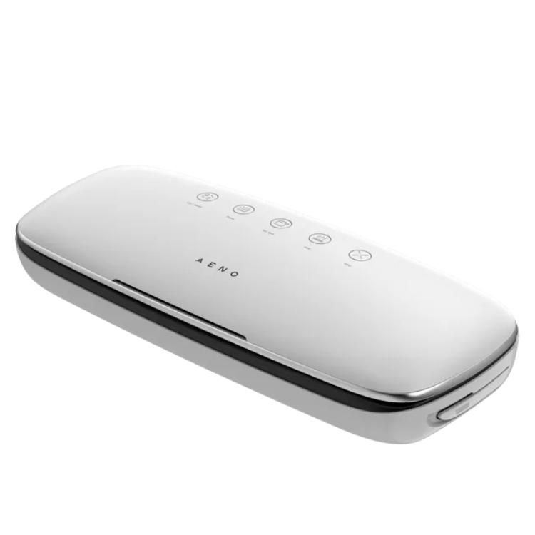 Aeno VS2 white vacuum sealer, sleek and rectangular with rounded edges, control buttons on top, and brand name Aeno.