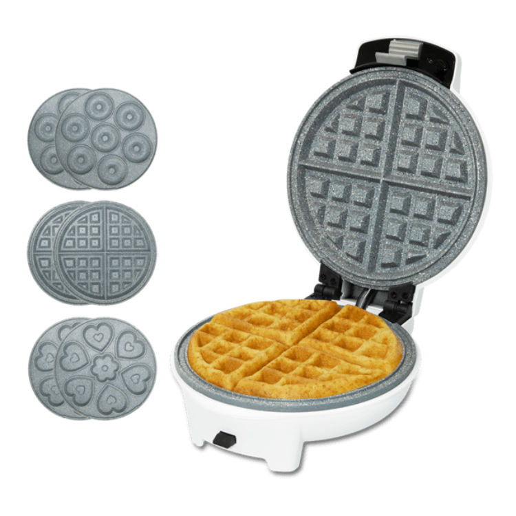 Cecotec Fun Gofrestone 3-in-1 waffle maker, white, with interchangeable gray plates, making a golden waffle.