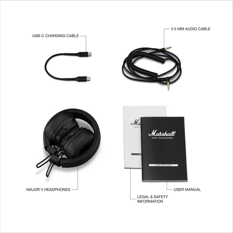 Black Marshall Major V on-ear headphones, USB-C charging cable, 3.5mm audio cable, user manual, and safety info.