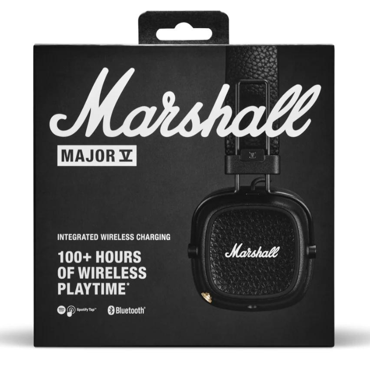Black Marshall Major V headphones packaging with white text, 100+ hours wireless playtime.