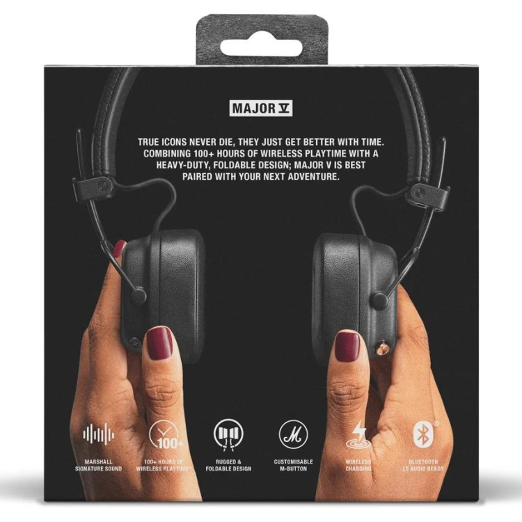 Black Marshall Major V headphones packaging with hands holding headphones.