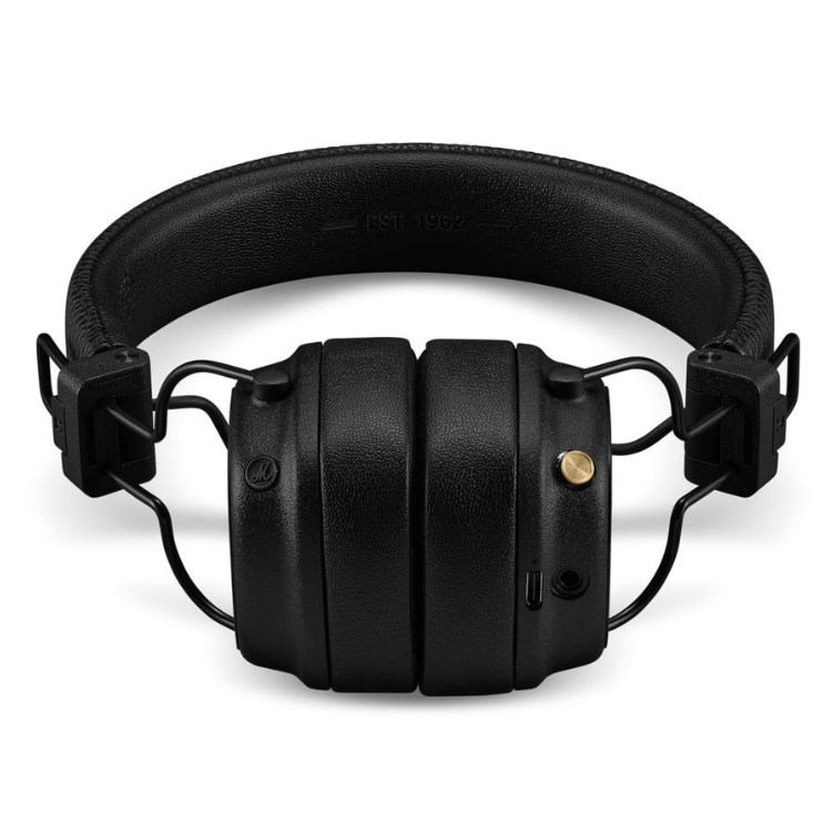 Black Marshall Major V on-ear headphones with gold button and cord.