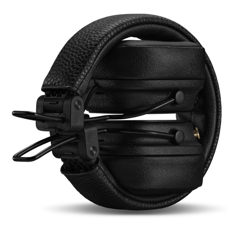 Black Marshall Major V on-ear headphones, folded, leather finish.
