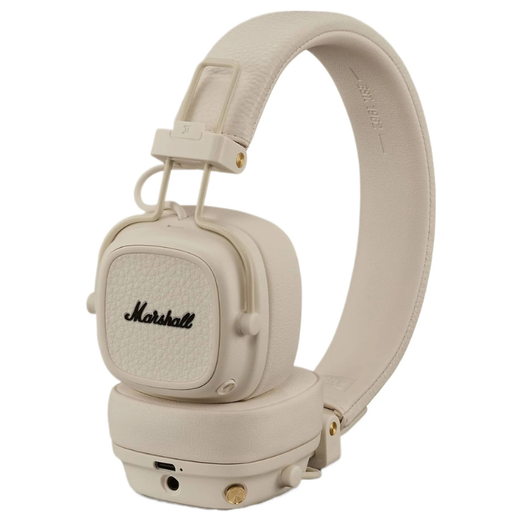 Marshall Major V cream headphones, white leather finish, gold accents, Marshall logo on earcup.
