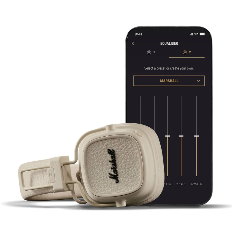 Marshall Major V cream headphones with equalizer settings on phone screen.