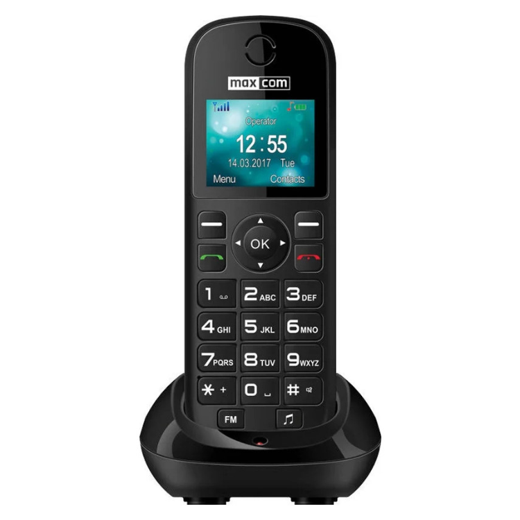 Telefone Portátil Maxcom Comfort MM35D SE preto com ecrã e teclado.