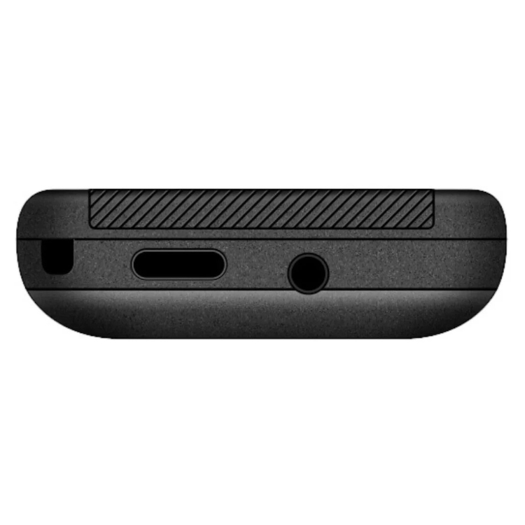 Telemóvel Maxcom MM718 preto, vista lateral com detalhes de entradas.
