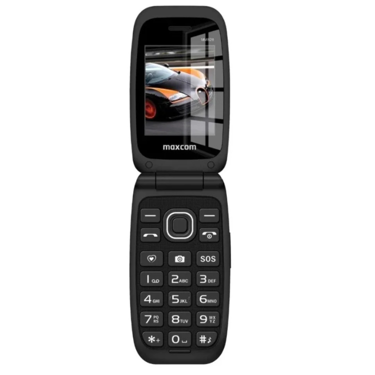 Telemóvel Maxcom MM828L preto, com teclado e ecrã a mostrar imagem de carro, formato flip, 4G VoLTE.