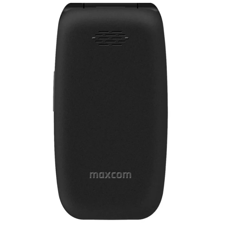 Telemóvel Maxcom MM828L preto, costas do aparelho com logótipo maxcom e aberturas para som.