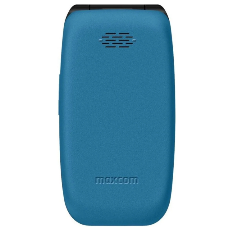 Telemóvel Maxcom MM828L azul, vista traseira com logotipo e aberturas de som.