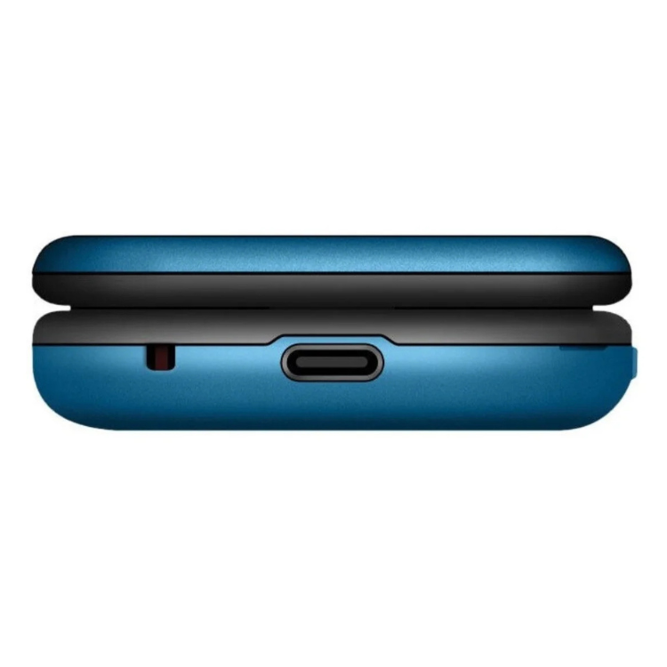 Telemóvel Maxcom MM828L azul, vista lateral com porta de carregamento.