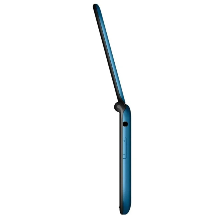Telemóvel Maxcom MM828L azul, com antena, virado lateralmente.