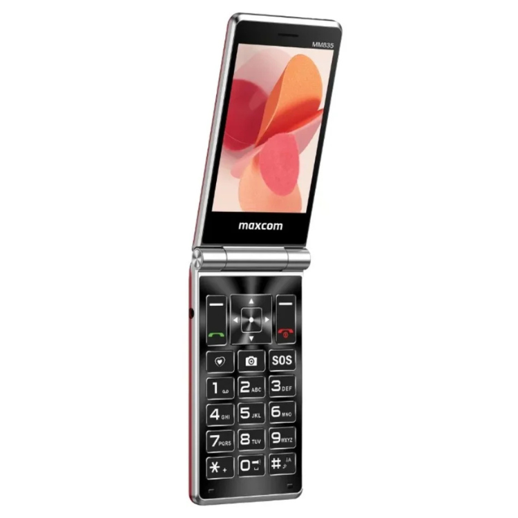 Telemóvel Maxcom Senior MM835 preto, com teclado e ecrã aberto.