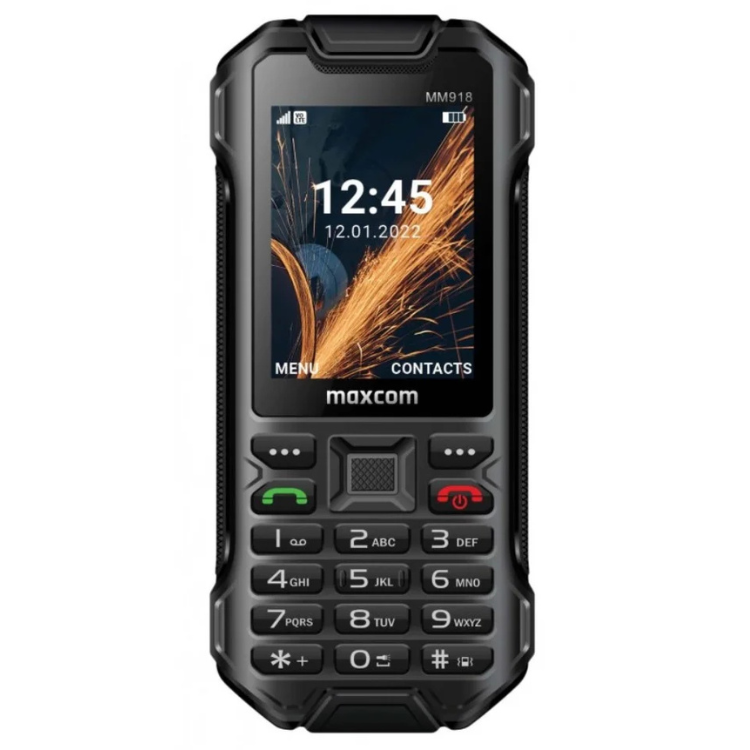 Telemóvel Maxcom Robusto MM918L preto, com teclado e ecrã a mostrar o relógio.