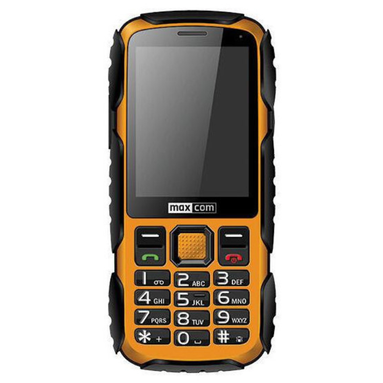 Telemóvel Maxcom MM920L, amarelo, com ecrã preto e teclado preto e laranja.