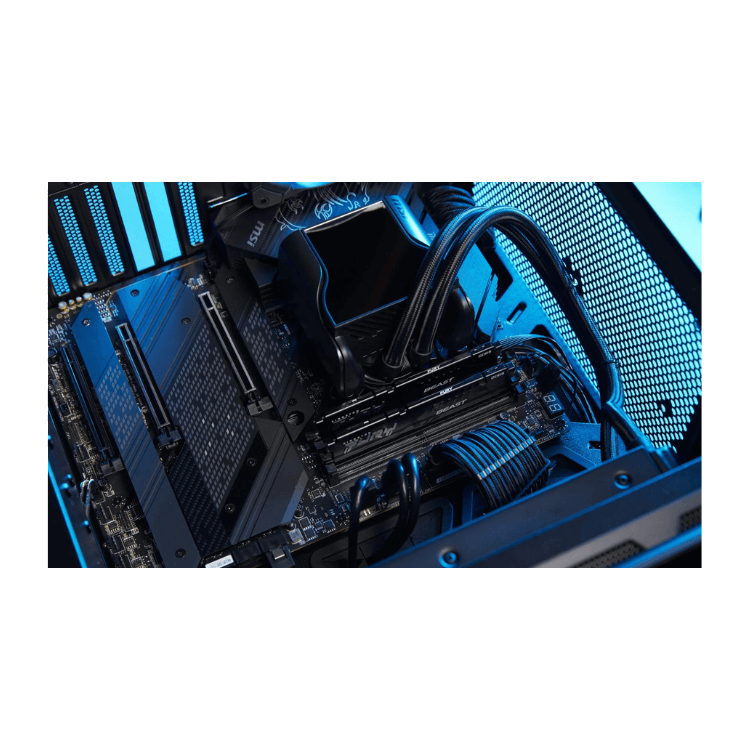 Kingston Fury Beast RAM 32GB DDR5 5200Mhz black modules on motherboard.