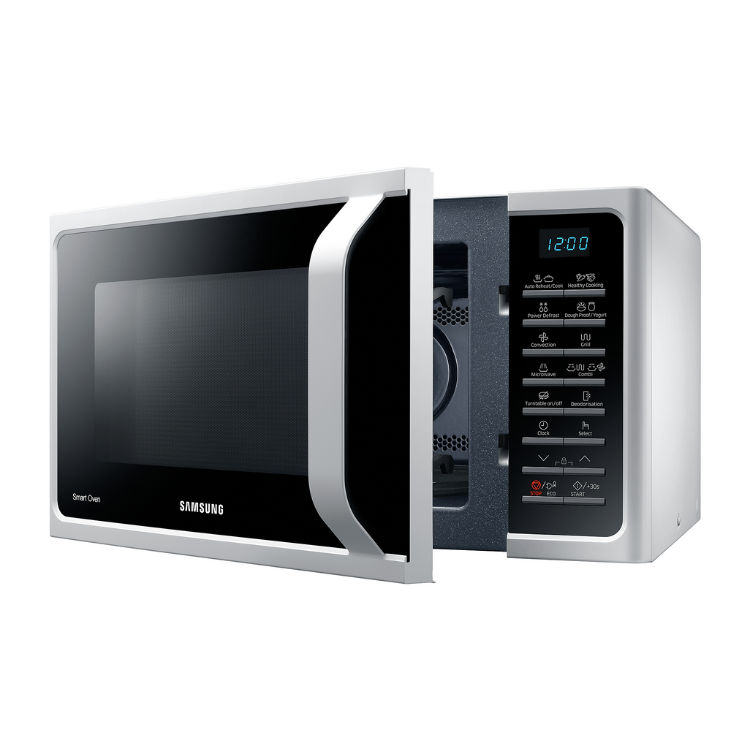 Samsung white microwave oven, 28L, 900W, open door showing control panel.