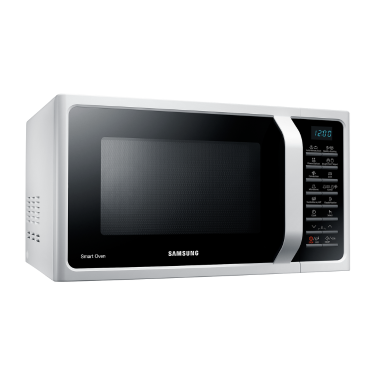 Samsung white microwave with black door and digital display.