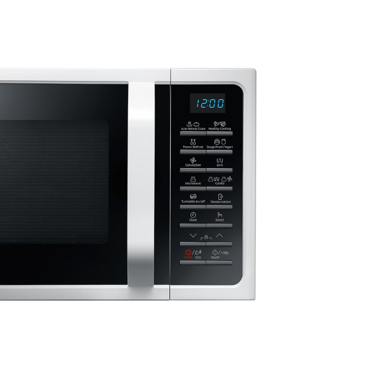 Samsung MC28H5015 white microwave with digital display and control panel.