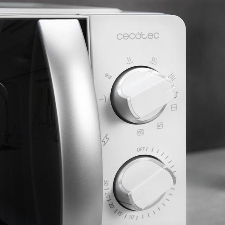 Cecotec microwave control panel, white, with two dials and icons.