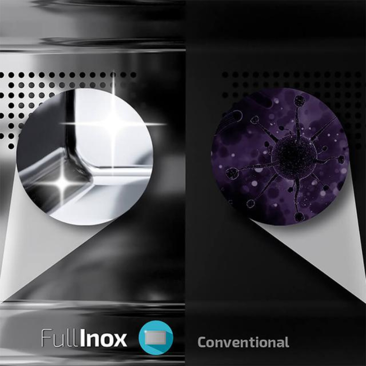 Cecotec microwave comparison, FullInox and conventional interior, stainless steel vs dirty purple surface.