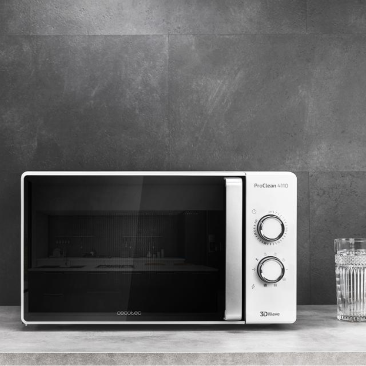 Cecotec ProClean 4110 white microwave with black door and silver accents.