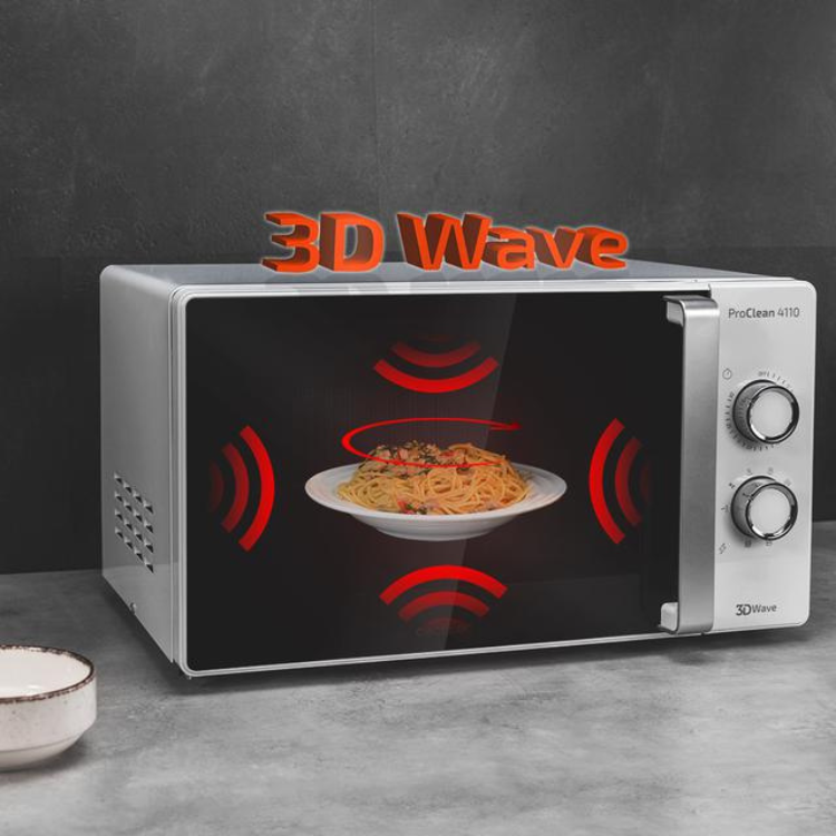 Cecotec ProClean 4110 microwave, white, 3D Wave technology, plate of pasta visible through door.