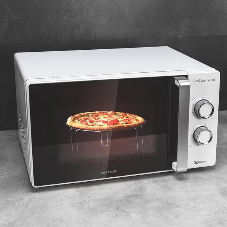 White Cecotec ProClean 4110 microwave with pizza inside, 23L, 800W.