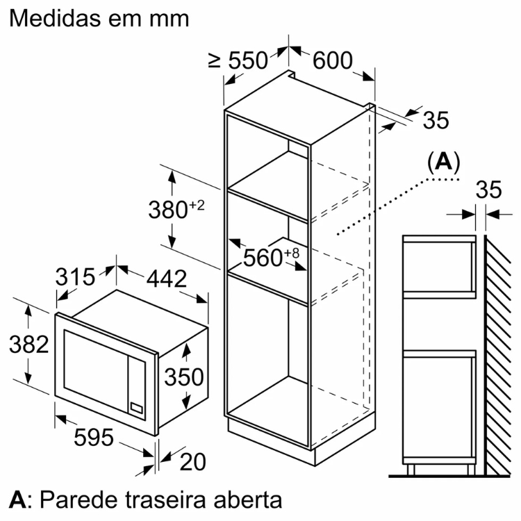 Technical drawing of Bosch Serie 2 BEL623MS3 microwave and cabinet, dimensions labeled, stainless steel finish.