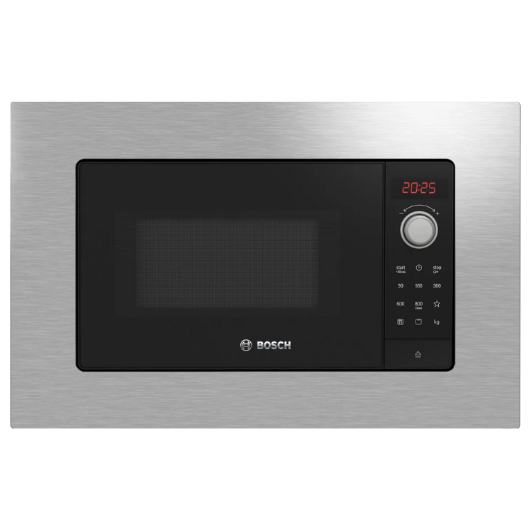 Bosch Serie 2 BEL623MS3 stainless steel microwave with black door and digital display.