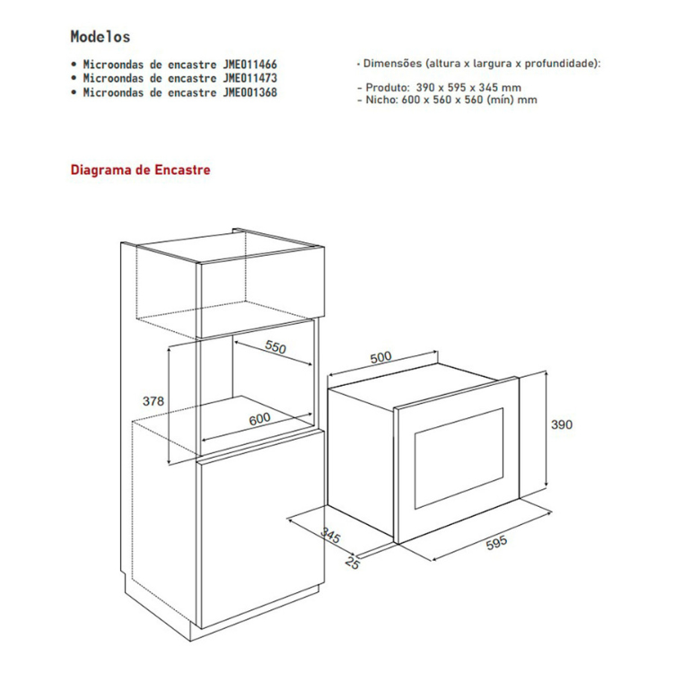 Microondas de Encastre Jocel JME011473 25L 900W Preto