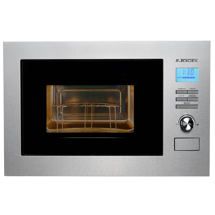 Jocel 25L built-in microwave, silver, digital display showing 1:30, with control panel and turntable.