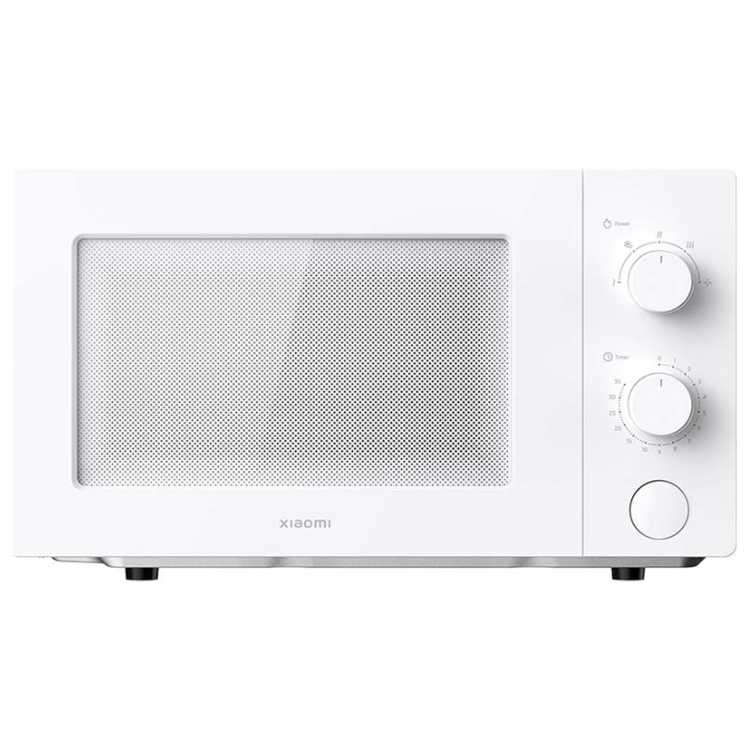 White Xiaomi microwave, 20L compact design, two control dials and button.