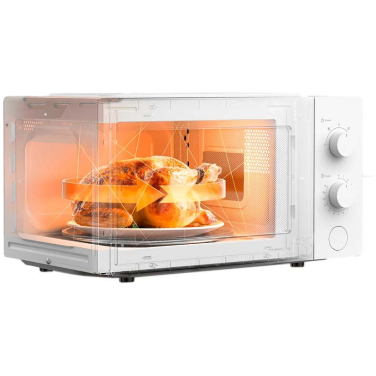 White Xiaomi microwave with 20L capacity and chicken on a plate inside.