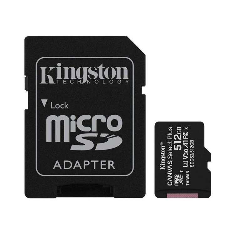 Kingston Canvas Select Plus microSD 512GB card and adapter, black.