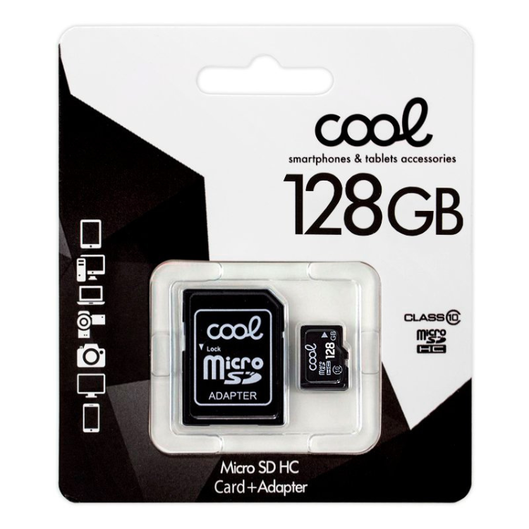 Cool 128GB microSDHC Class 10 card with SD adapter, black and white packaging