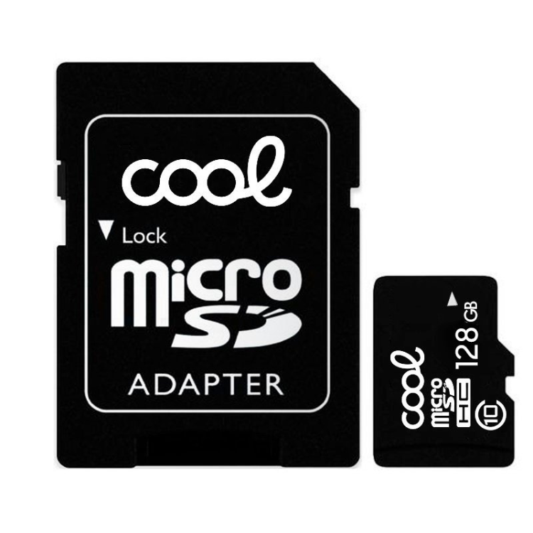 Black microSDHC card and adapter, 128GB, Class 10, Cool brand.